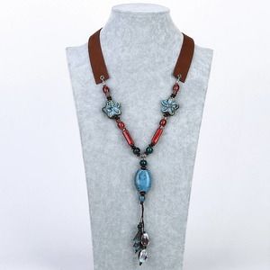 Handmade Beige Tan Ceramic & Porcelain Bead Statement Necklace on Soft Suede